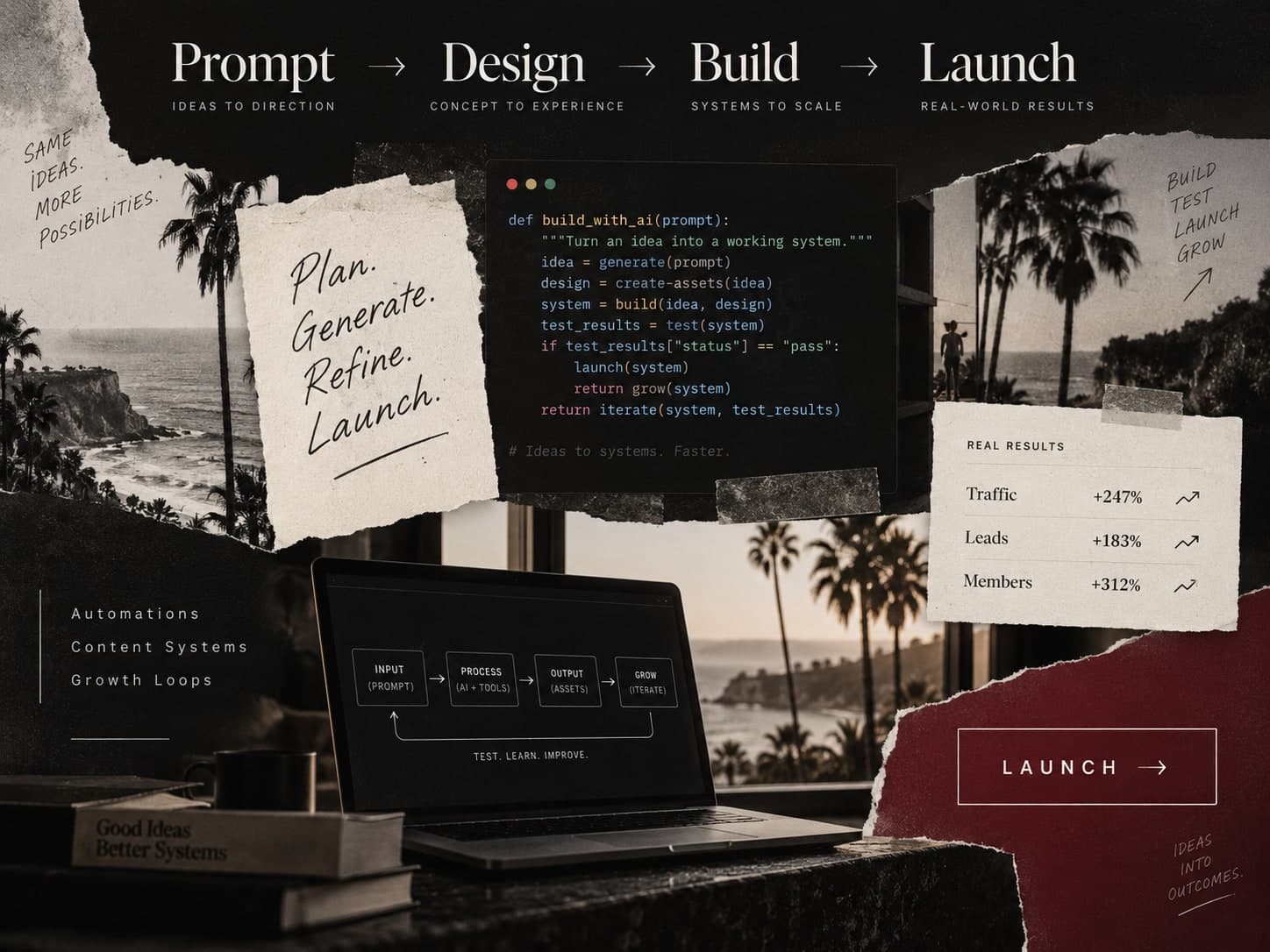 AI workflow moodboard: prompt to design to build to launch